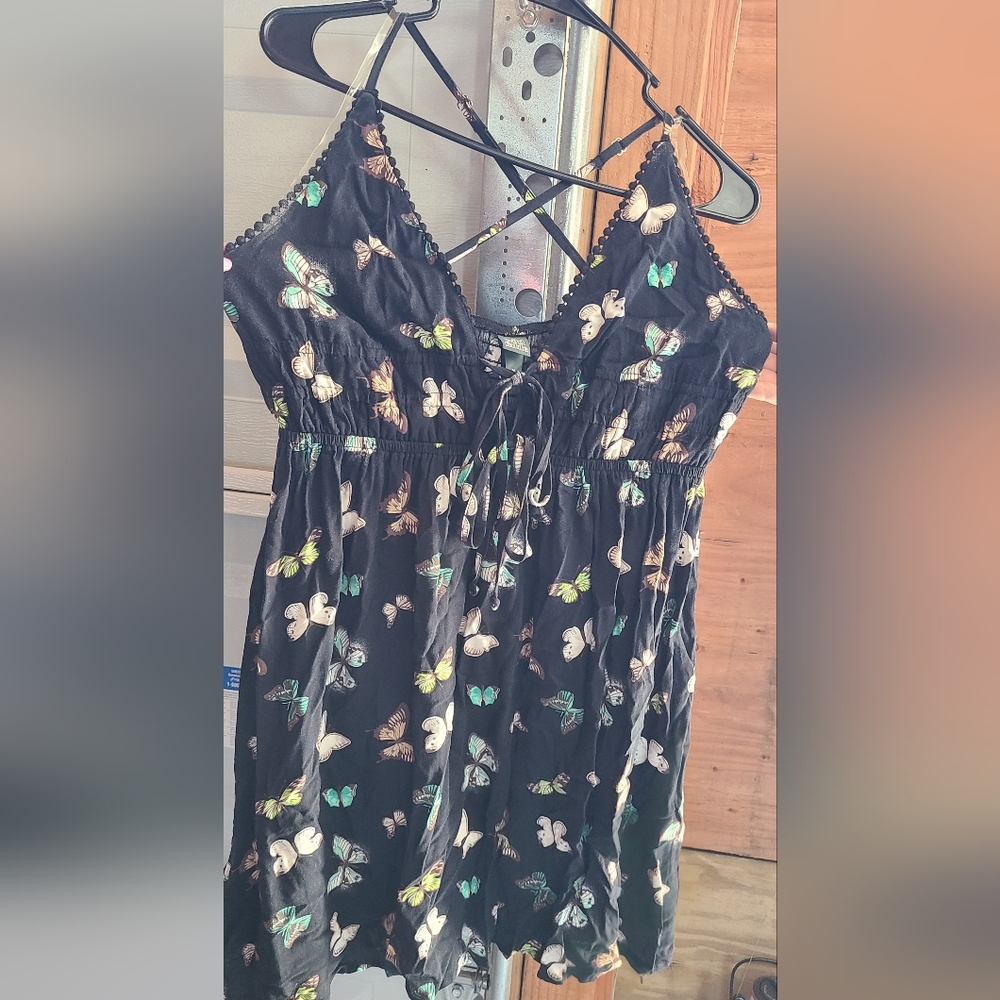 Wild Fable Women's Skater Sun Dress Cross Strap Black Butterfly Print Size M